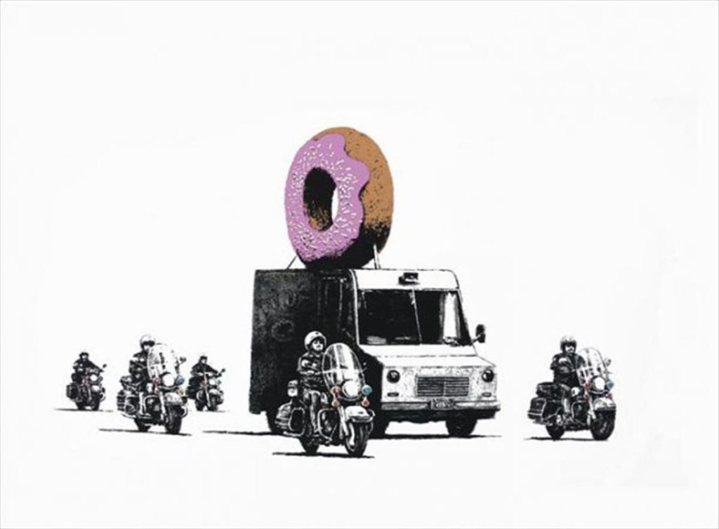 banksy, stick together gallery, strawberry donuts